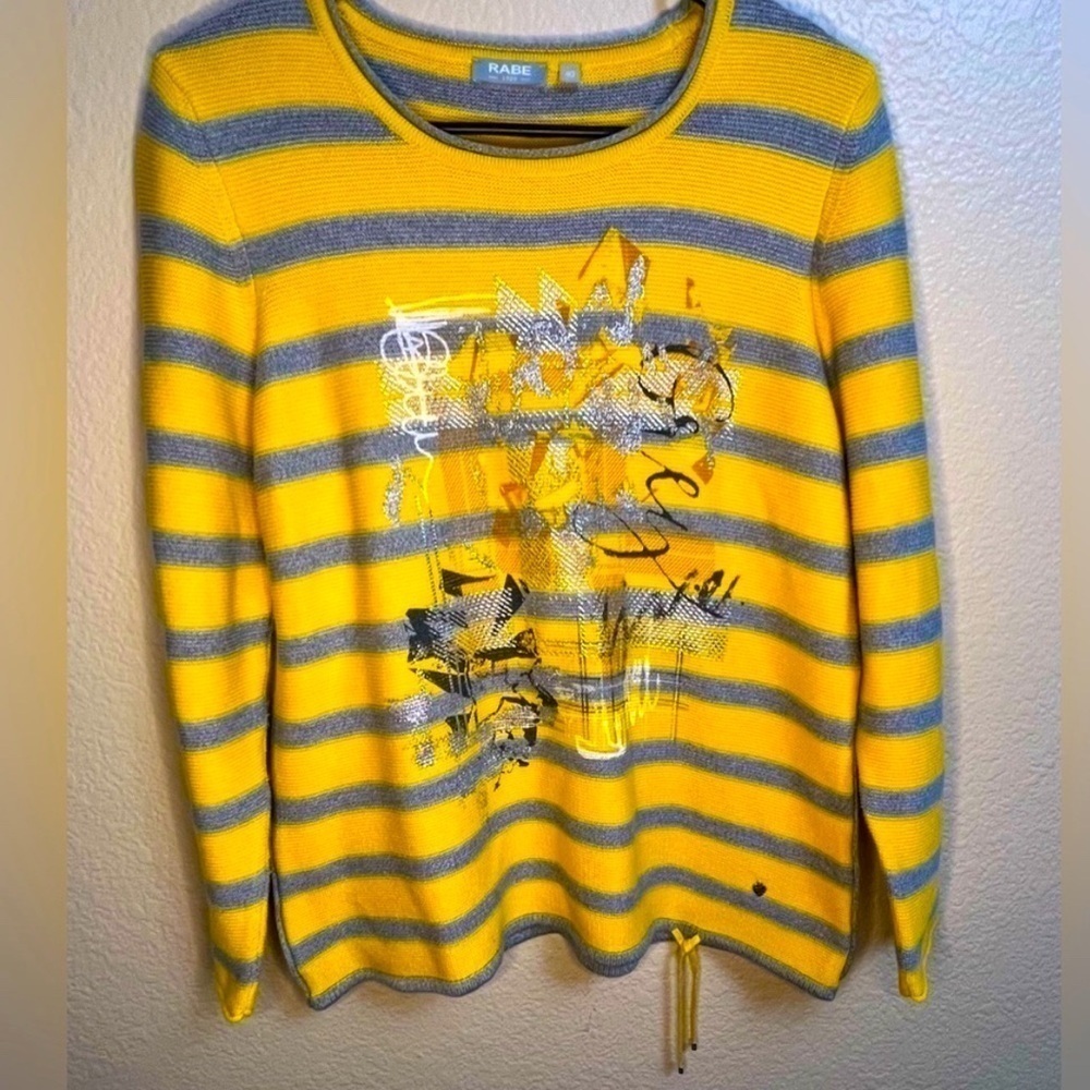 Rabe 1920 Striped Knit Pullover Yellow Gray Graphic Sweater NWOt- Size 10